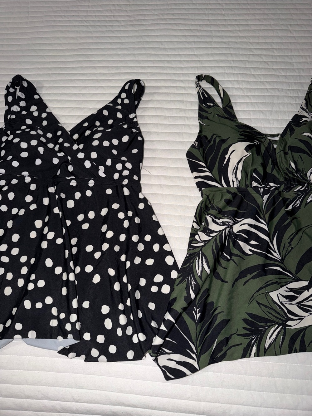 Black & White Polka Dot Tankini Top and Olive Green Tropical Tankini Top
